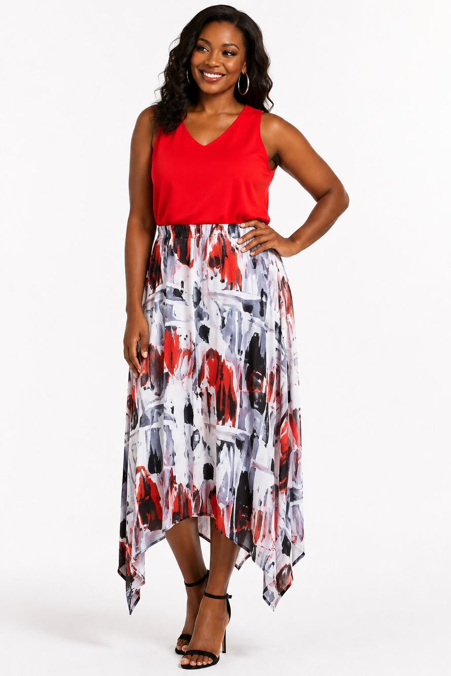 Truth + Style Women’s Large Red Gray Mixed Media Chiffon Midi Dress